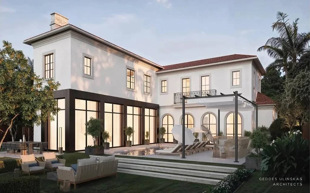 Spanish Modern Villa design by Geddes Ulinskas Architects for Pacific Palisades home rebuild