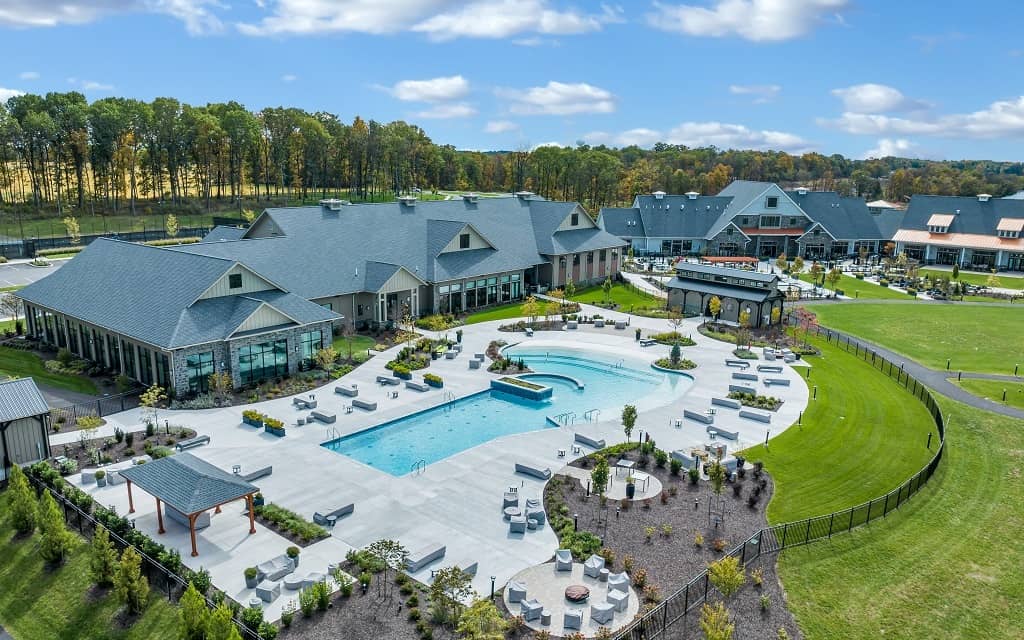 Amblebrook at Gettysburg: aerial view of the Rock Creek Fitness Center, Pool, and Rock Creek Clubhouse