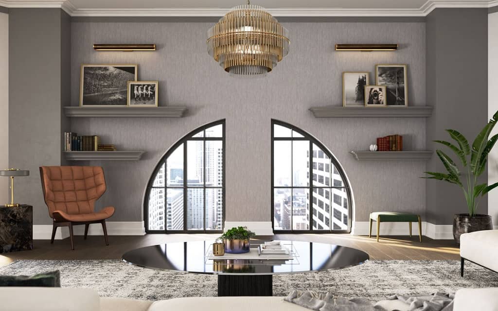 Living room with two quarter round windows in the Tribune Tower Residences