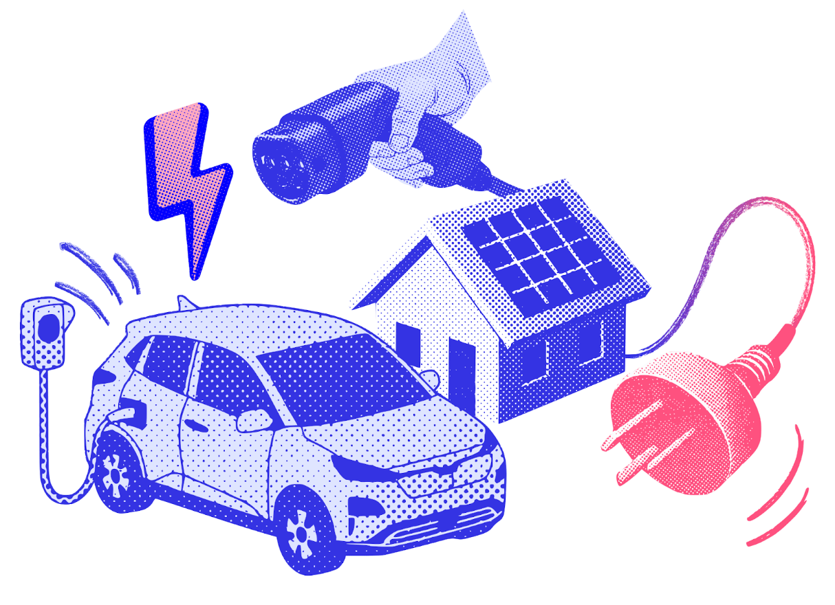stylised illustration of an EV, a house with solar, and plugs