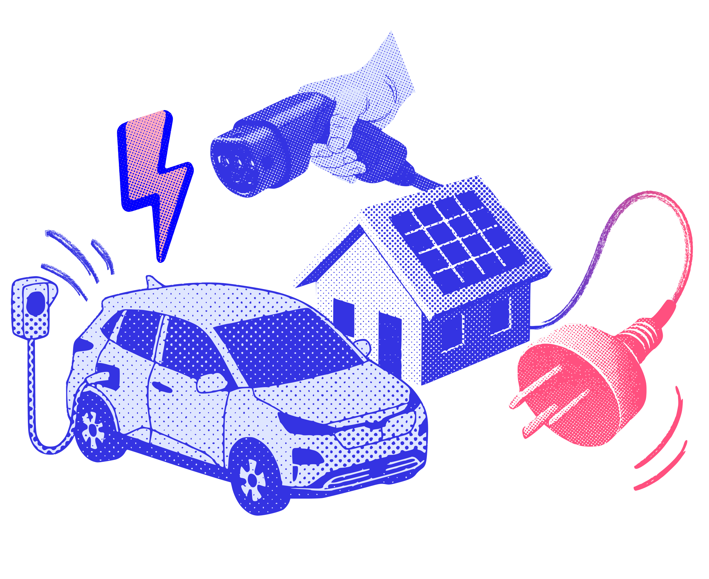 A stylised illustration of an EV, house with solar, plug, and EV charger