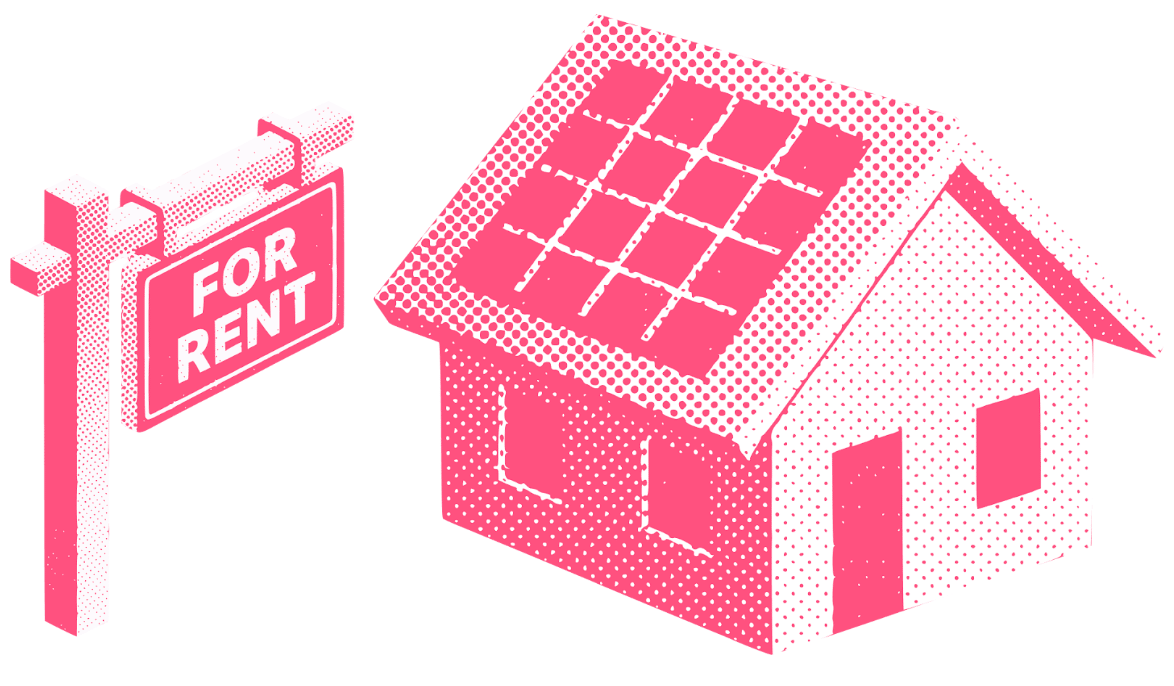 a house with solar panels and a sign saying "for rent"