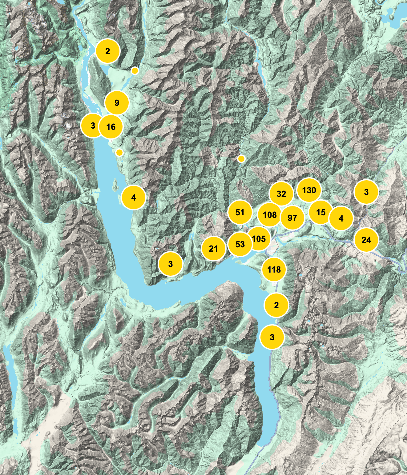 Screenshot of a map of the Queenstown area with numbers in areas with solar panels