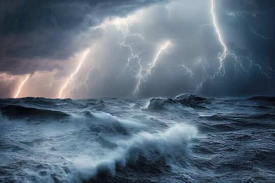 Wild ocean storm with lightning