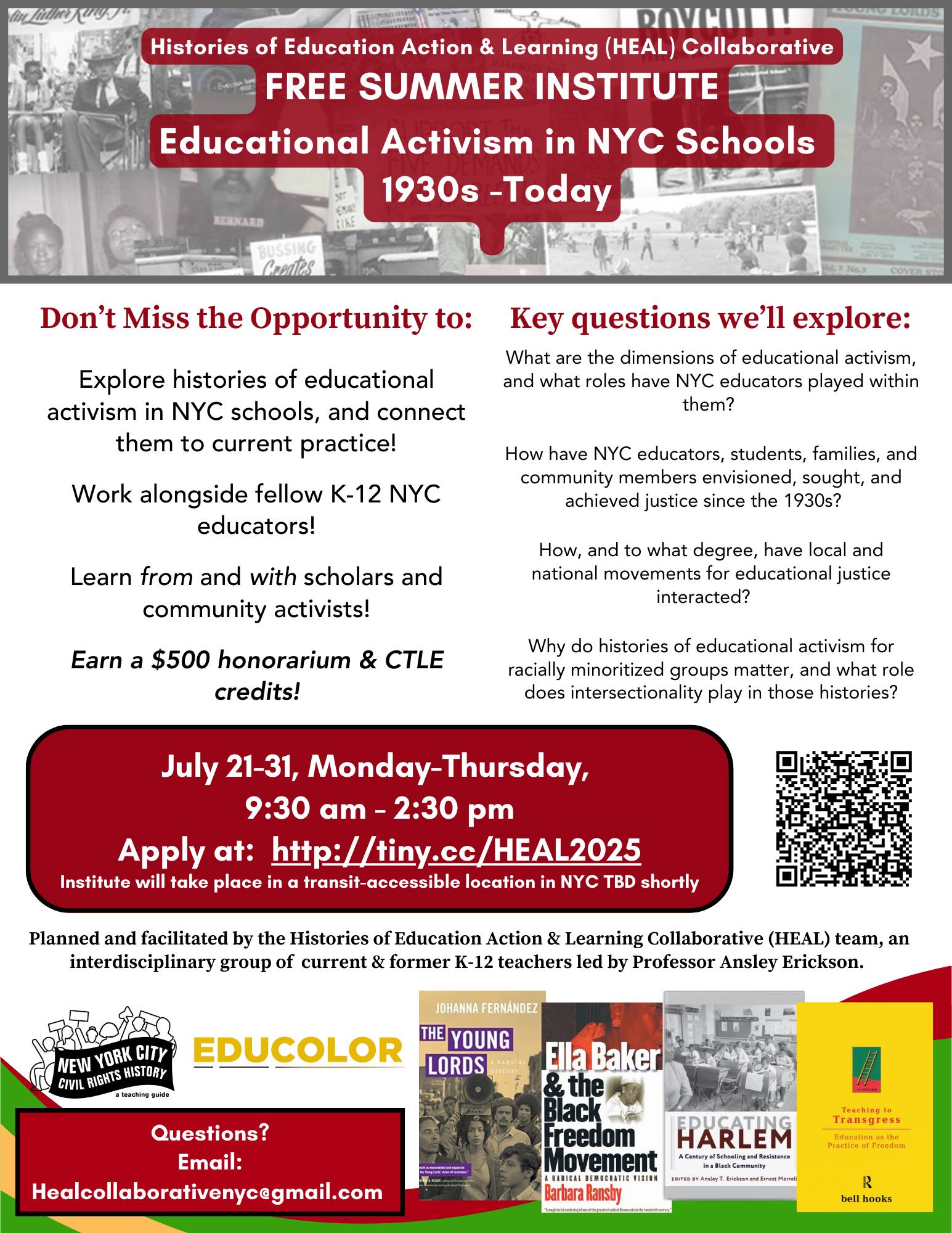 Collage of artifacts in the background hero image. Text: Histories of Education Action & Learning (HEAL) Collaborative FREE SUMMER INSTITUTE Educational Activism in NYC Schools 1930s -Today GreniRS Don't Miss the Opportunity to: Explore histories of educa