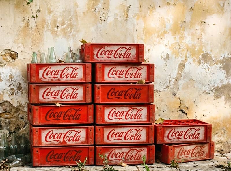 Stack of vintage coca-cola crates against weathered wall