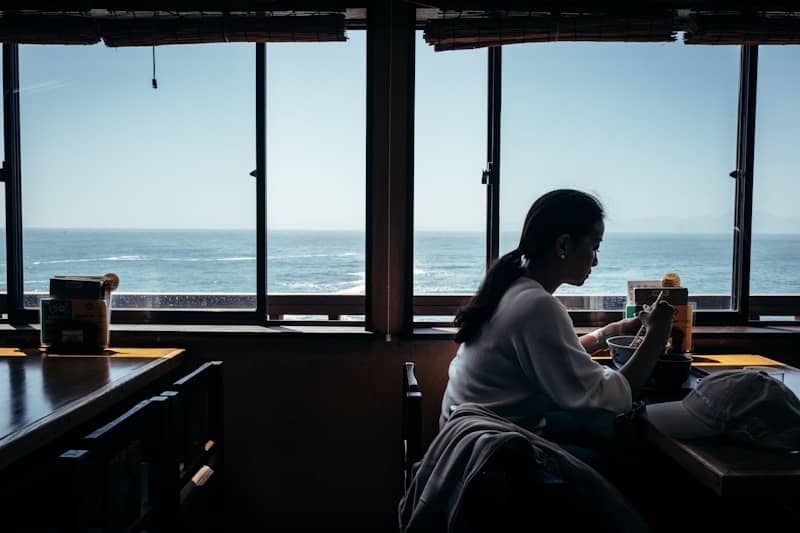 A person sits by a window overlooking the ocean.