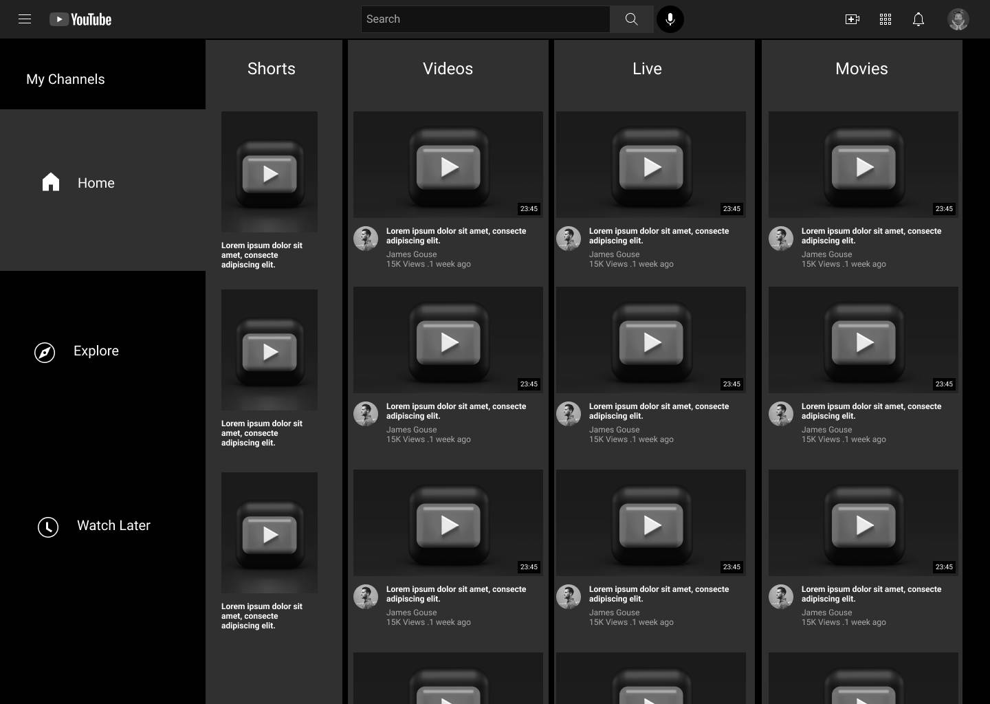 A quick re-think of the YouTube home page using a TV channel interface as a mental model. Videos in the columns are organized by rough duration, from shortest to longest. The rows represent channels. 