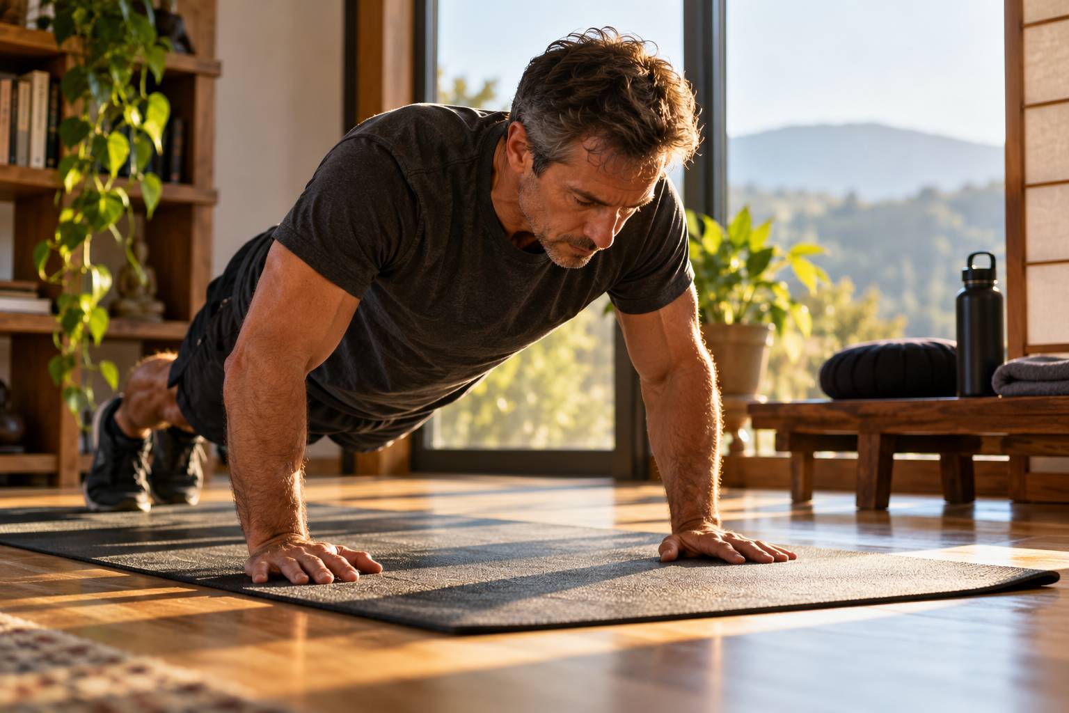 Man practicing a bodyweight pushup on a mat in a sunlit home workout space.