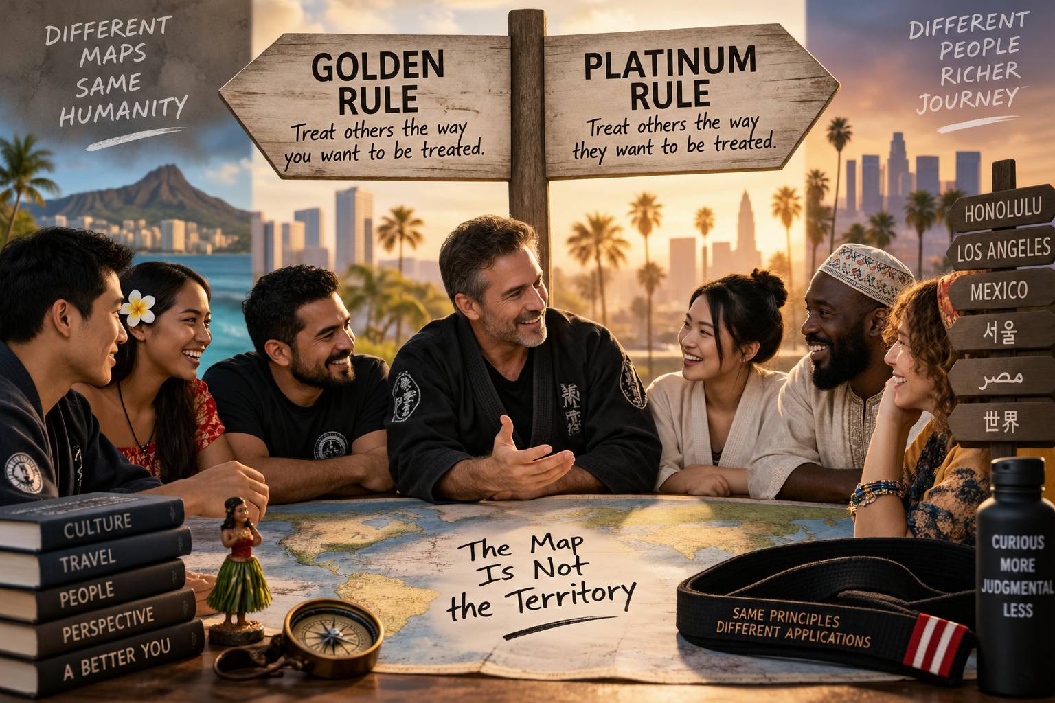 A diverse group of people discussing cultural differences beneath signs comparing the Golden Rule and Platinum Rule.