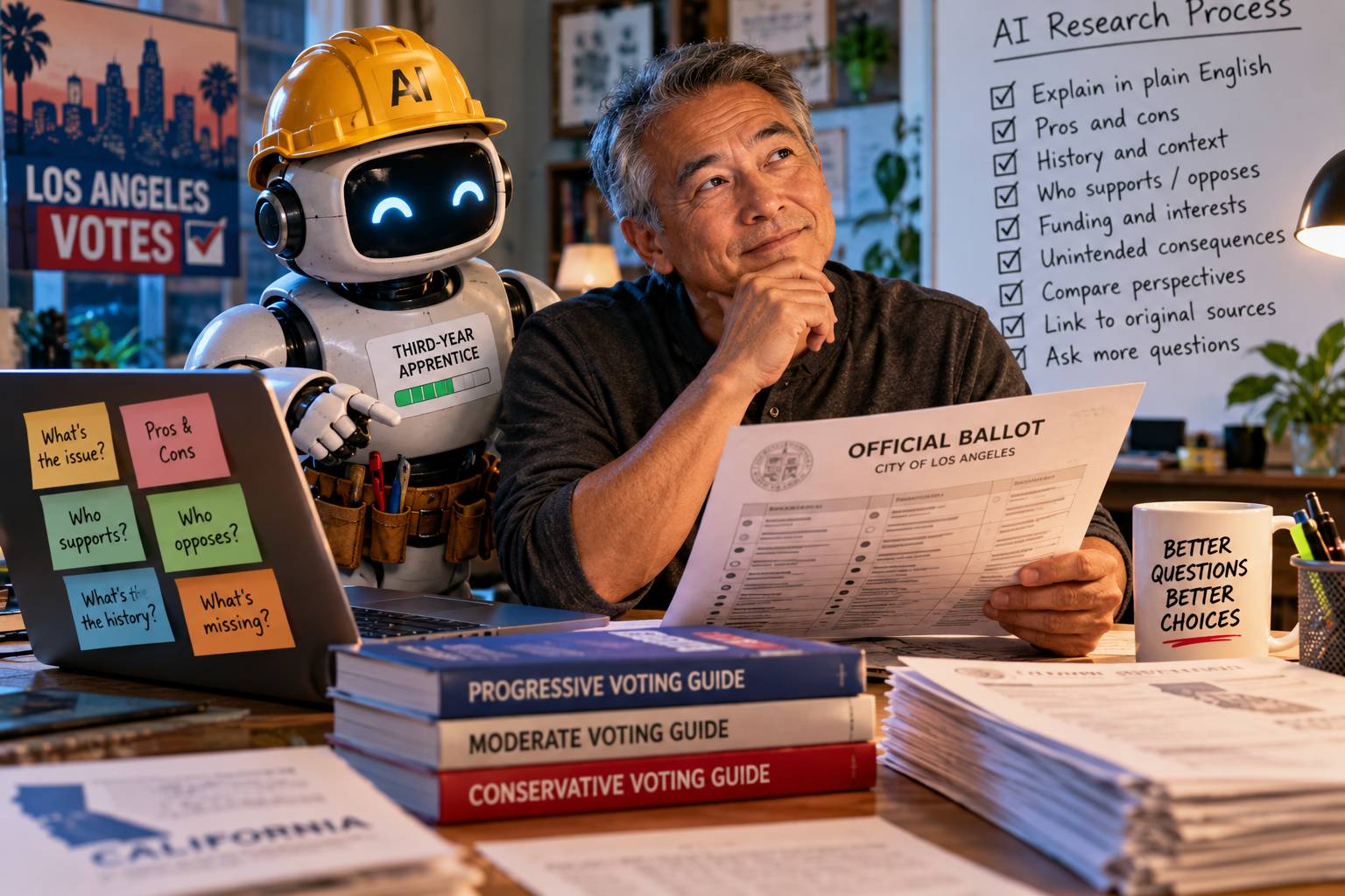An older man reviews an election ballot beside a friendly AI robot dressed as an electrical apprentice, with voting guides and research questions on his desk.