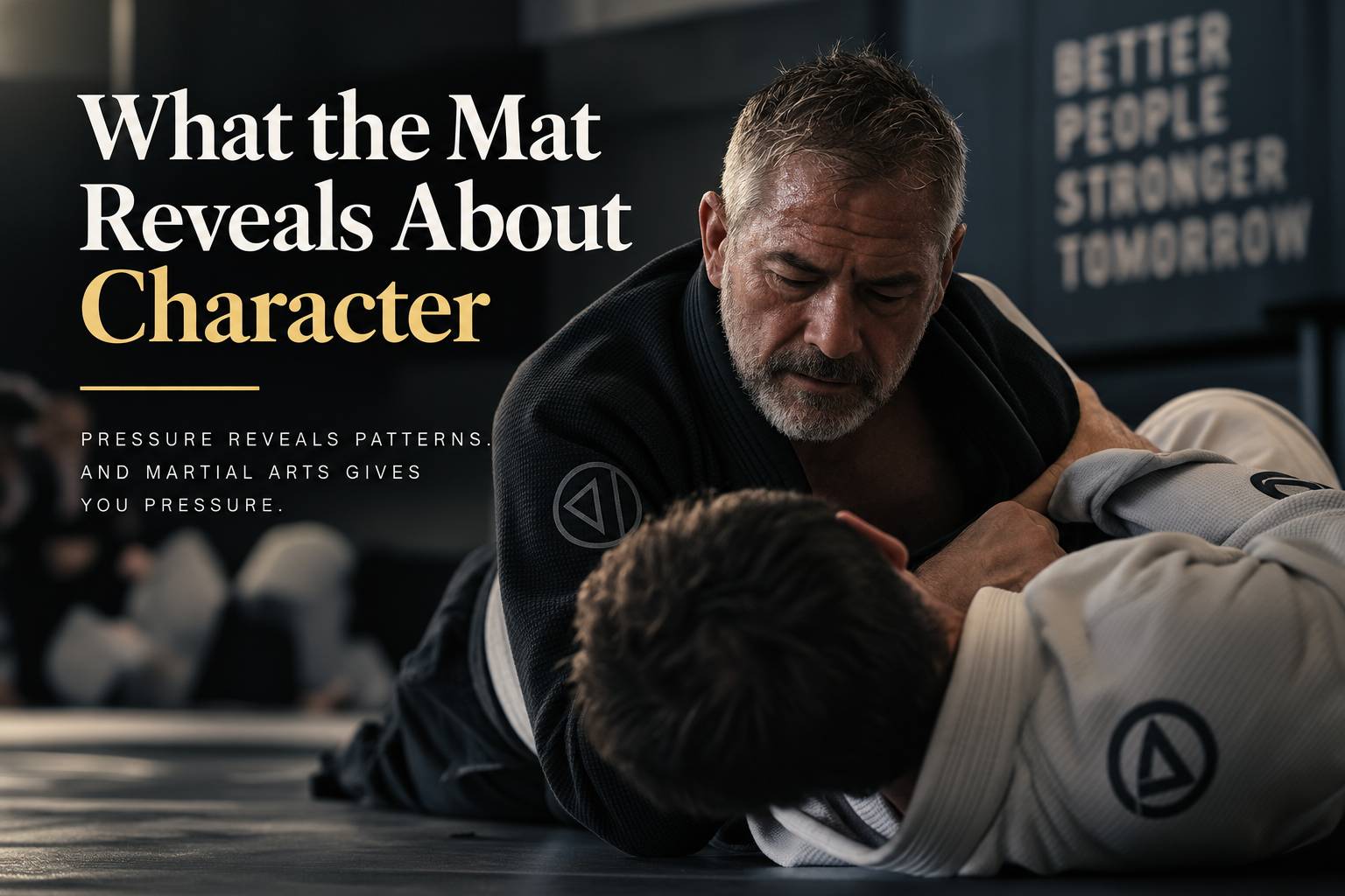 An older Brazilian jiu-jitsu practitioner controlling a younger training partner during a roll, illustrating character, pressure, restraint, and discernment on the mat.