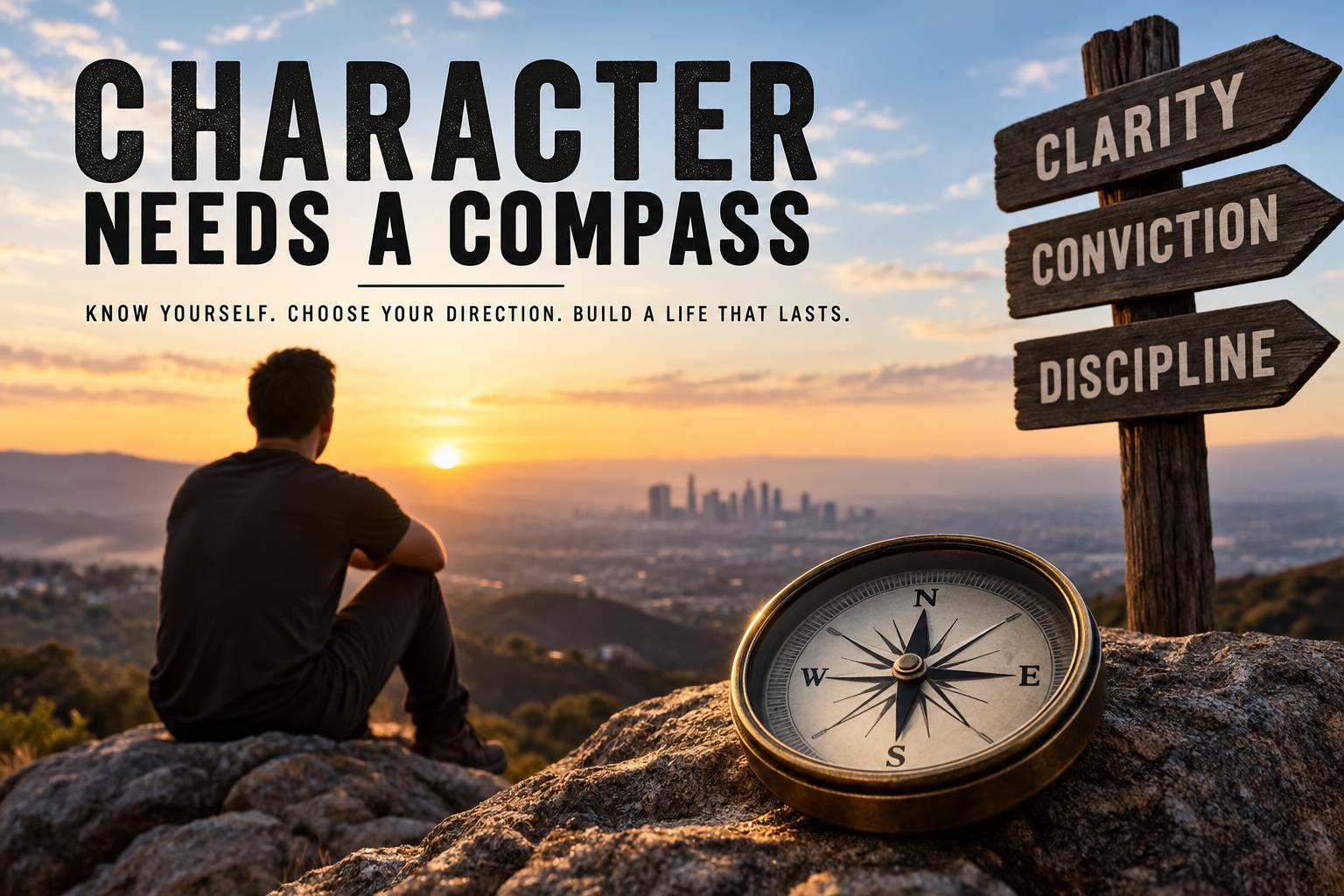 Man overlooking a city at sunset beside a compass and signposts marked clarity, conviction, and discipline, representing self-knowledge and direction.
