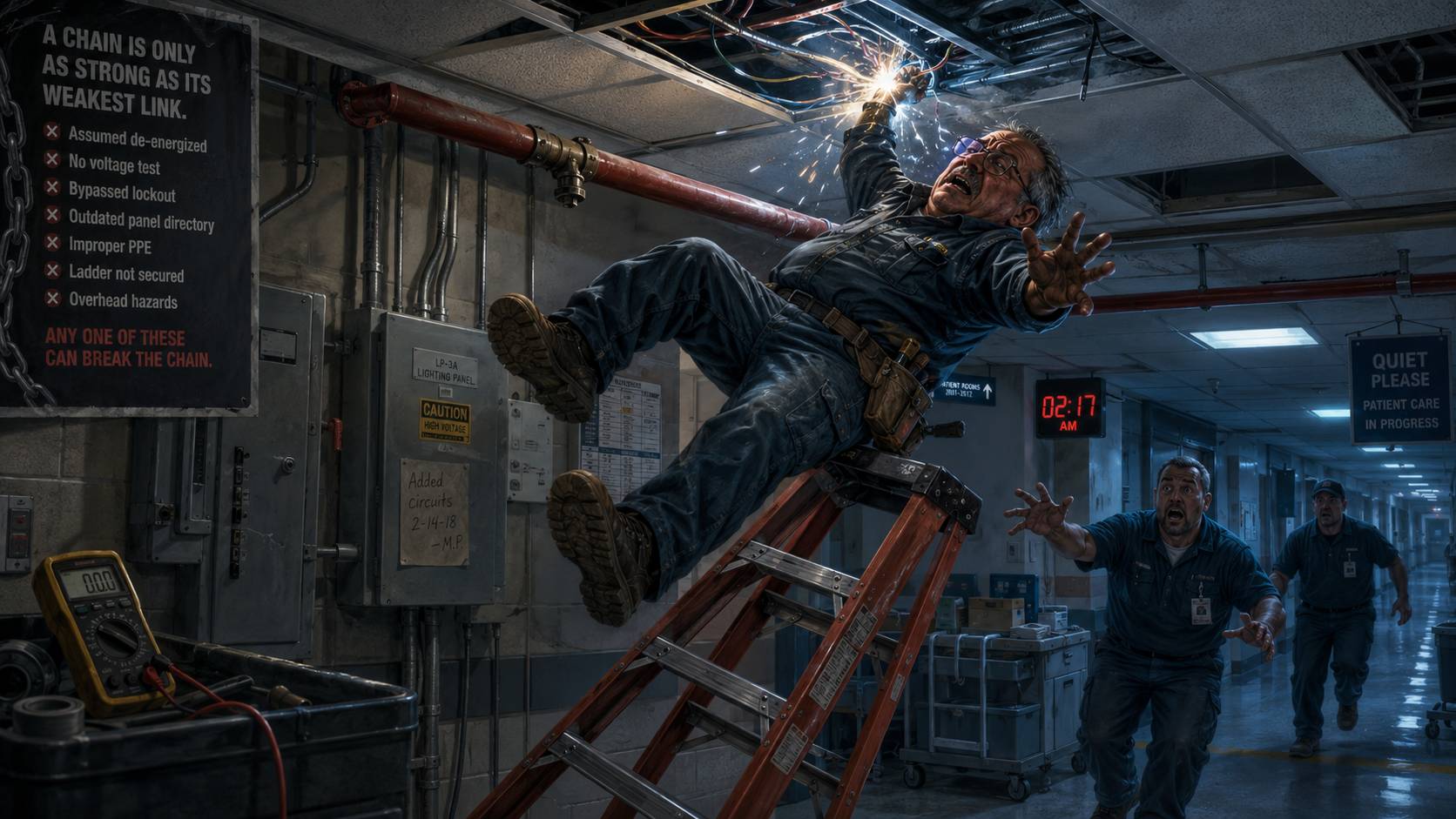 Electrician falling from a ladder after contacting an energized circuit during overnight hospital maintenance.