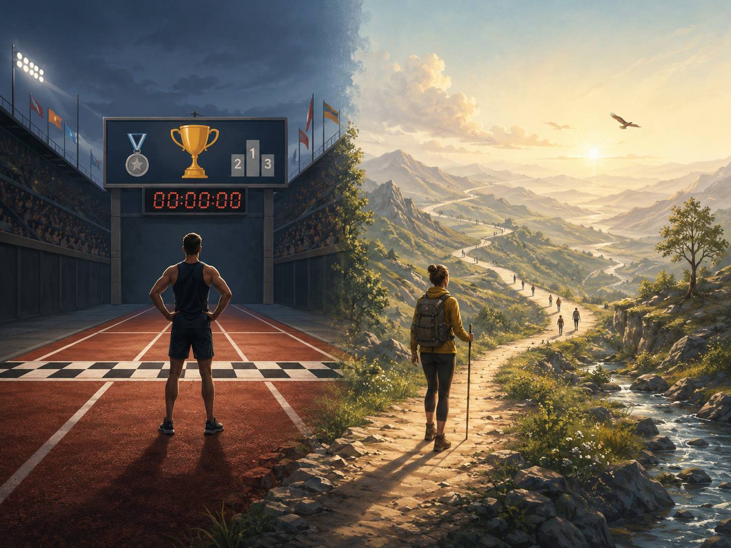 Split illustration contrasting a competitive race with a continuing mountain journey, representing finite and infinite games.