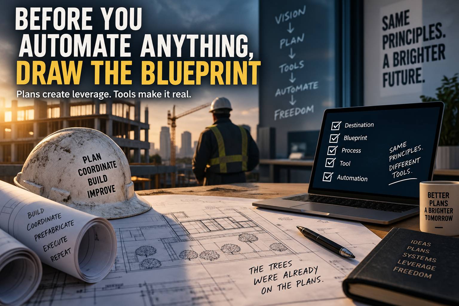 Construction blueprints, hard hat, and laptop illustrating how planning should come before tools, software, and automation.