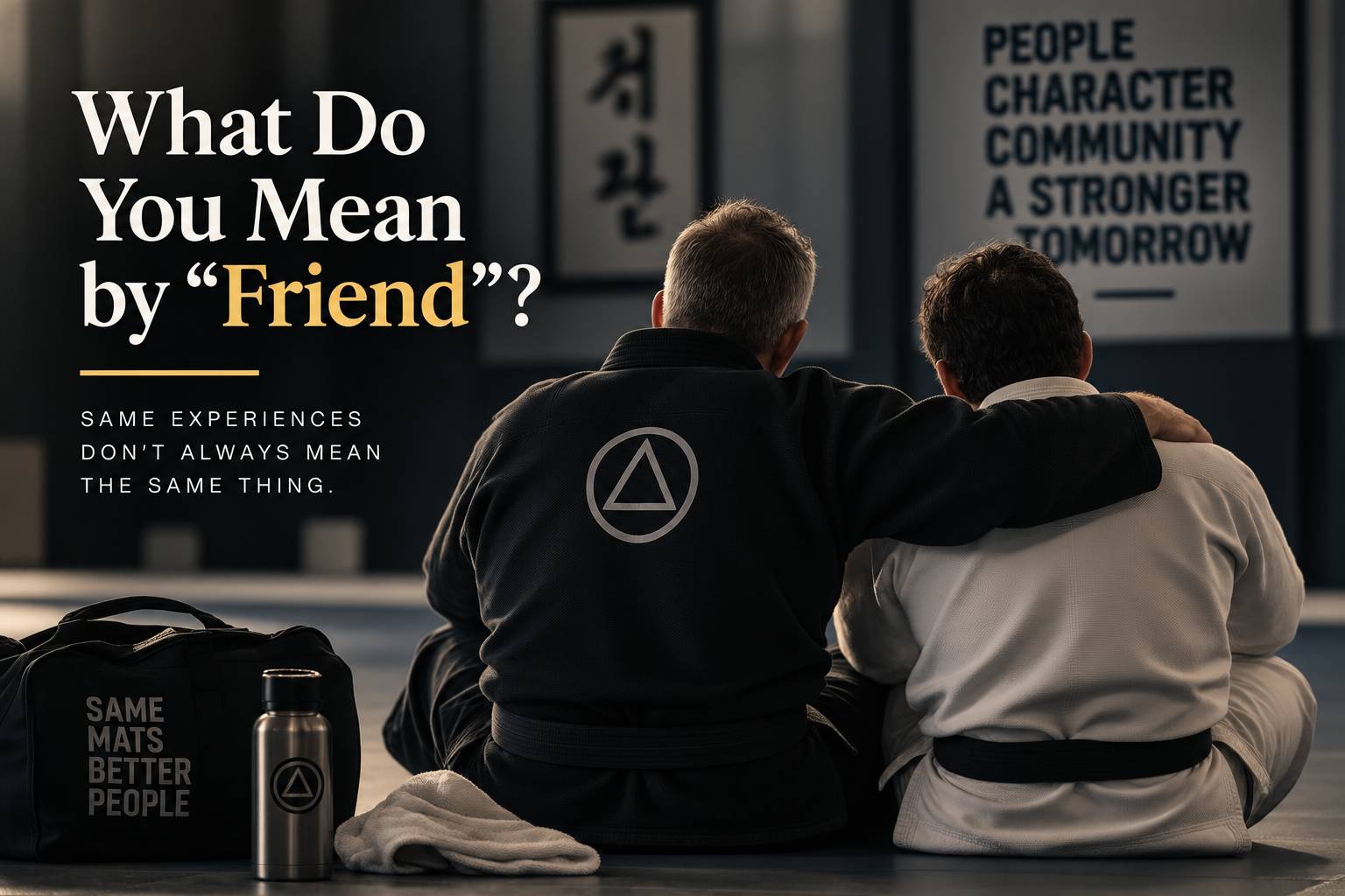 Two martial arts training partners sitting together on a dojo mat, representing friendship, trust, shared experiences, conflict, and repair.