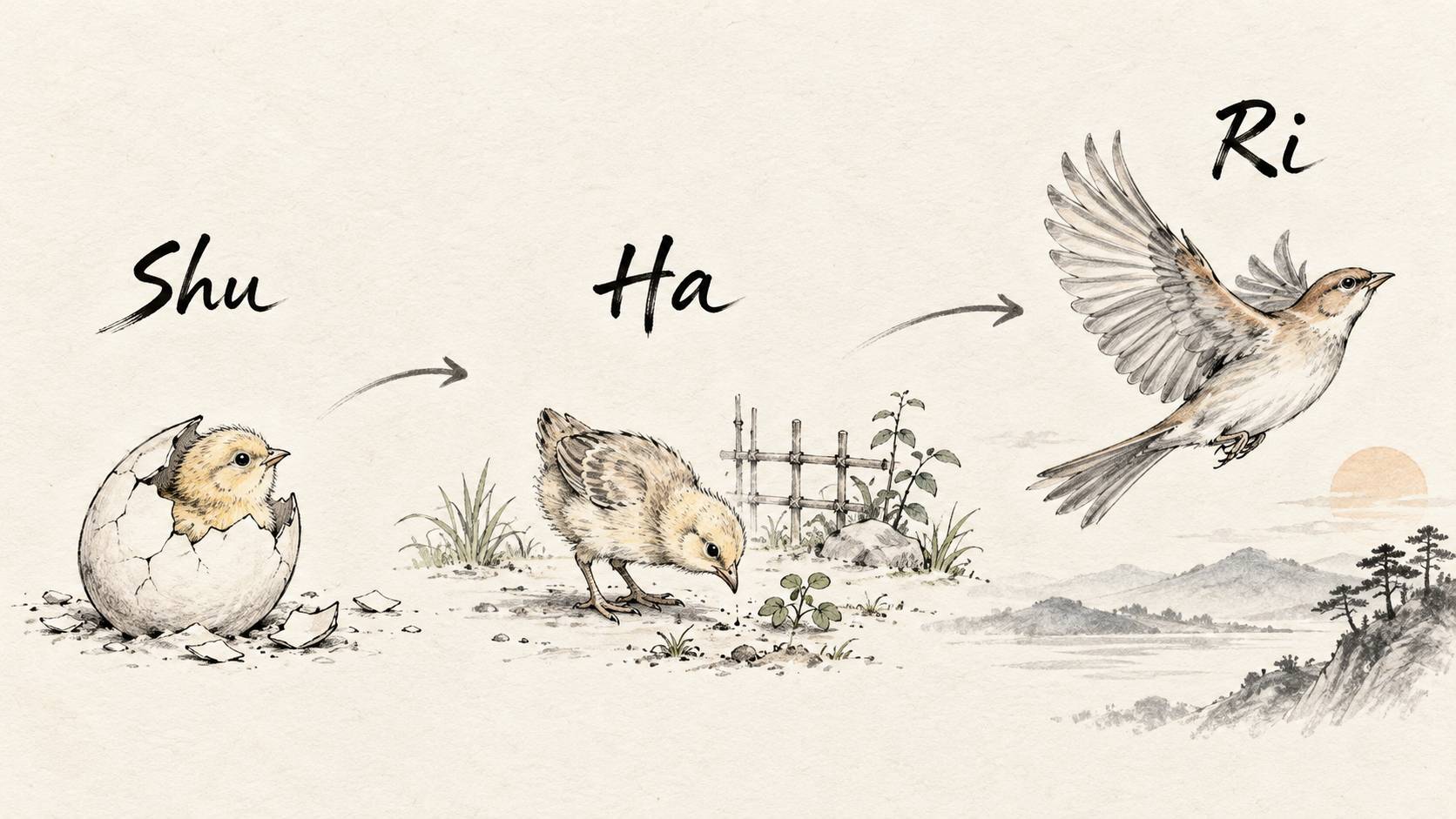 Shu-Ha-Ri learning progression illustrated as a chick hatching from an egg, exploring the ground, and growing into a bird flying freely.