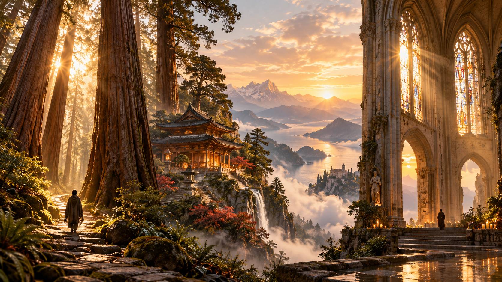 A symbolic scene with immense redwood trees, a traditional wooden temple, and a Gothic cathedral overlooking a sunlit mountain valley, with small figures walking toward the light.