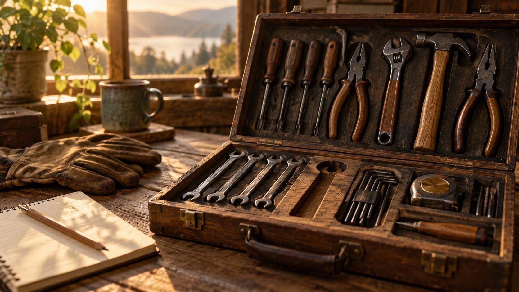An open journal alongside an open wooden toolbox with organized hand tools and an empty tool-shaped compartment on a warmly lit workbench near a window.