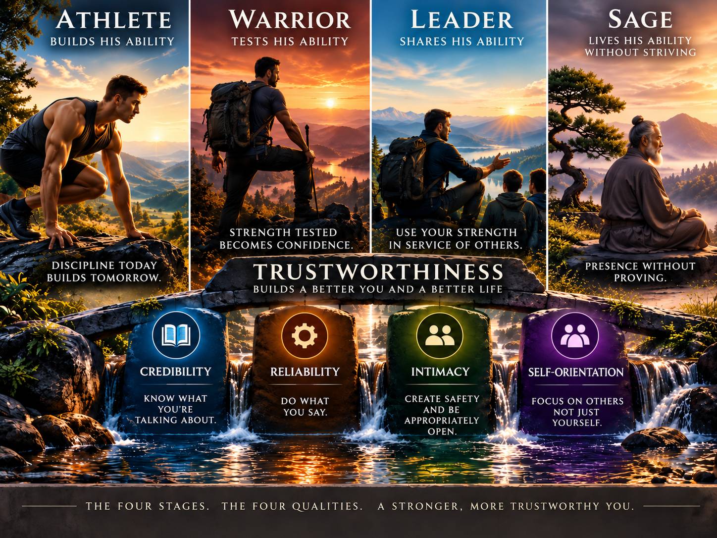 The Athlete builds ability. The Warrior tests it. The Leader shares it. The Sage lives it without striving. Trustworthiness develops through all four stages.