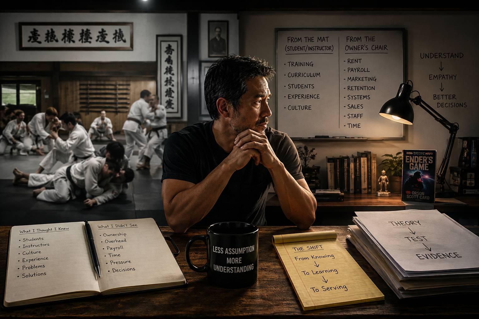 A martial artist sits between a busy dojo and an owner’s workspace, reflecting on the different responsibilities visible from each perspective.