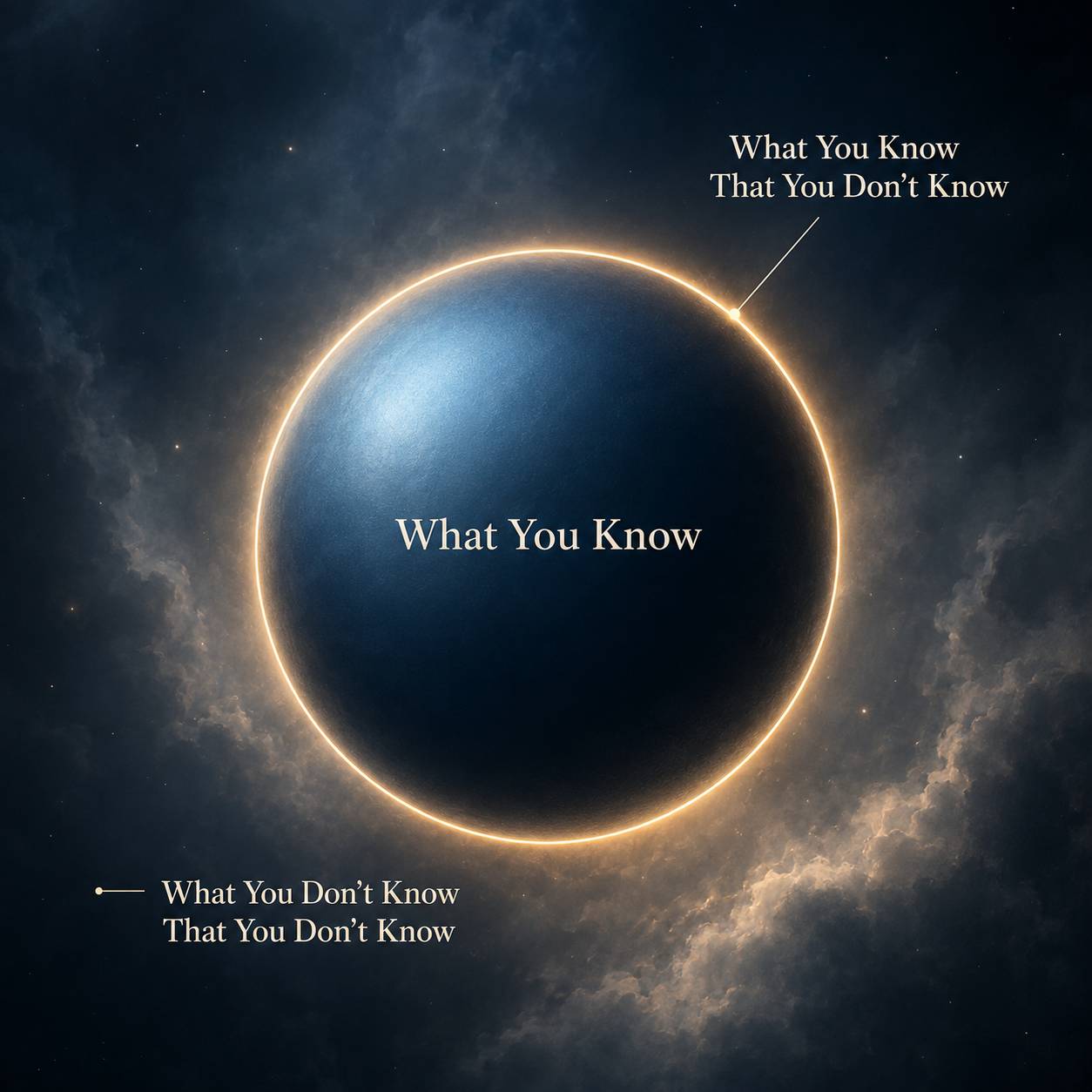 A glowing sphere represents what you know, its illuminated edge represents what you know you don’t know, and the surrounding darkness represents what you don’t know that you don’t know.