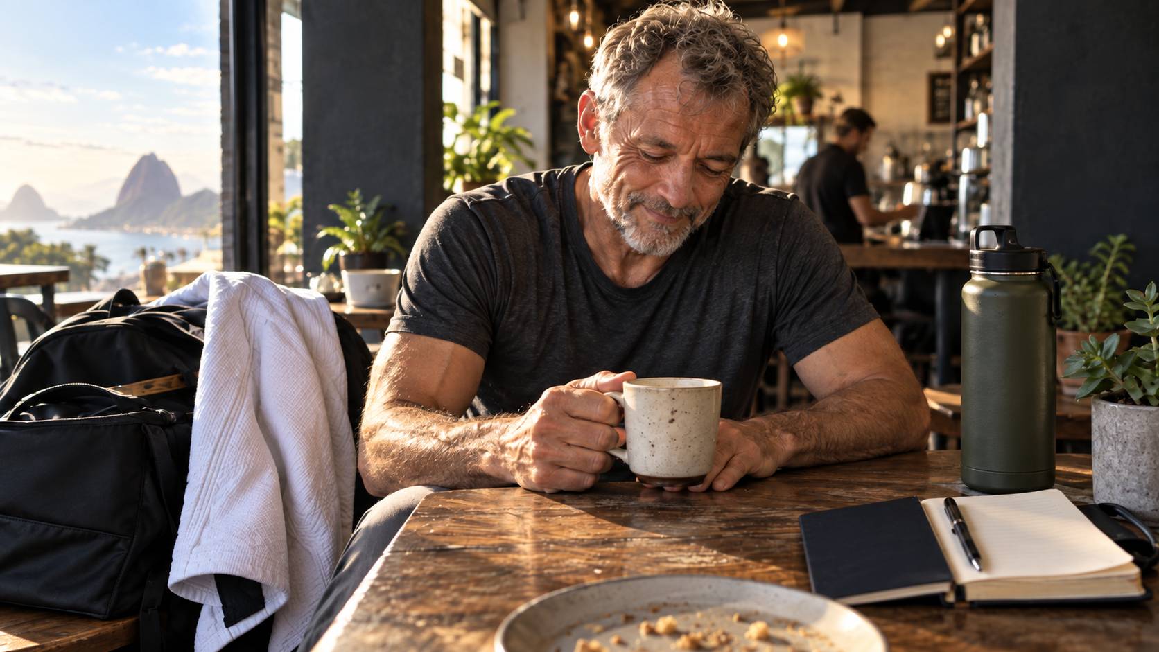 An older martial artist sits sore but content at a cafe after training, with a jiu-jitsu gi beside him.