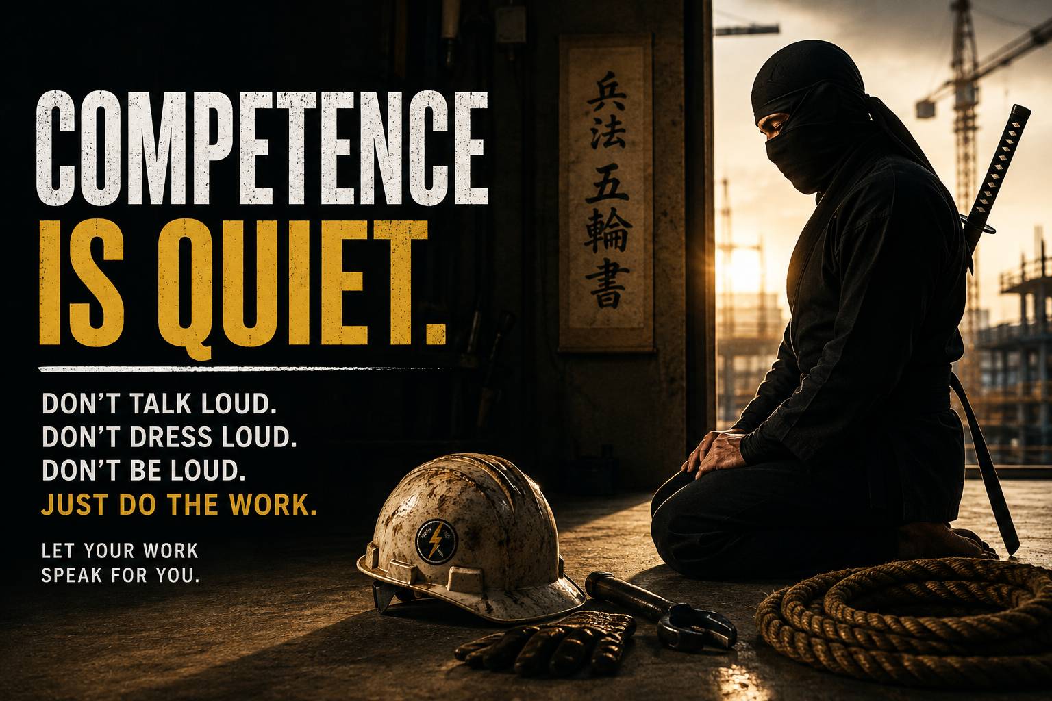 A quiet ninja-like craftsman kneels beside construction tools and a hard hat with a jobsite in the background.