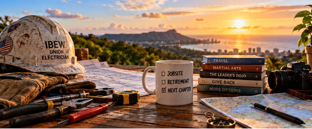 A worn electrician's hard hat and tools sit beside blueprints, a mug marked Next Chapter, and books representing travel, martial arts, service, and new opportunities.