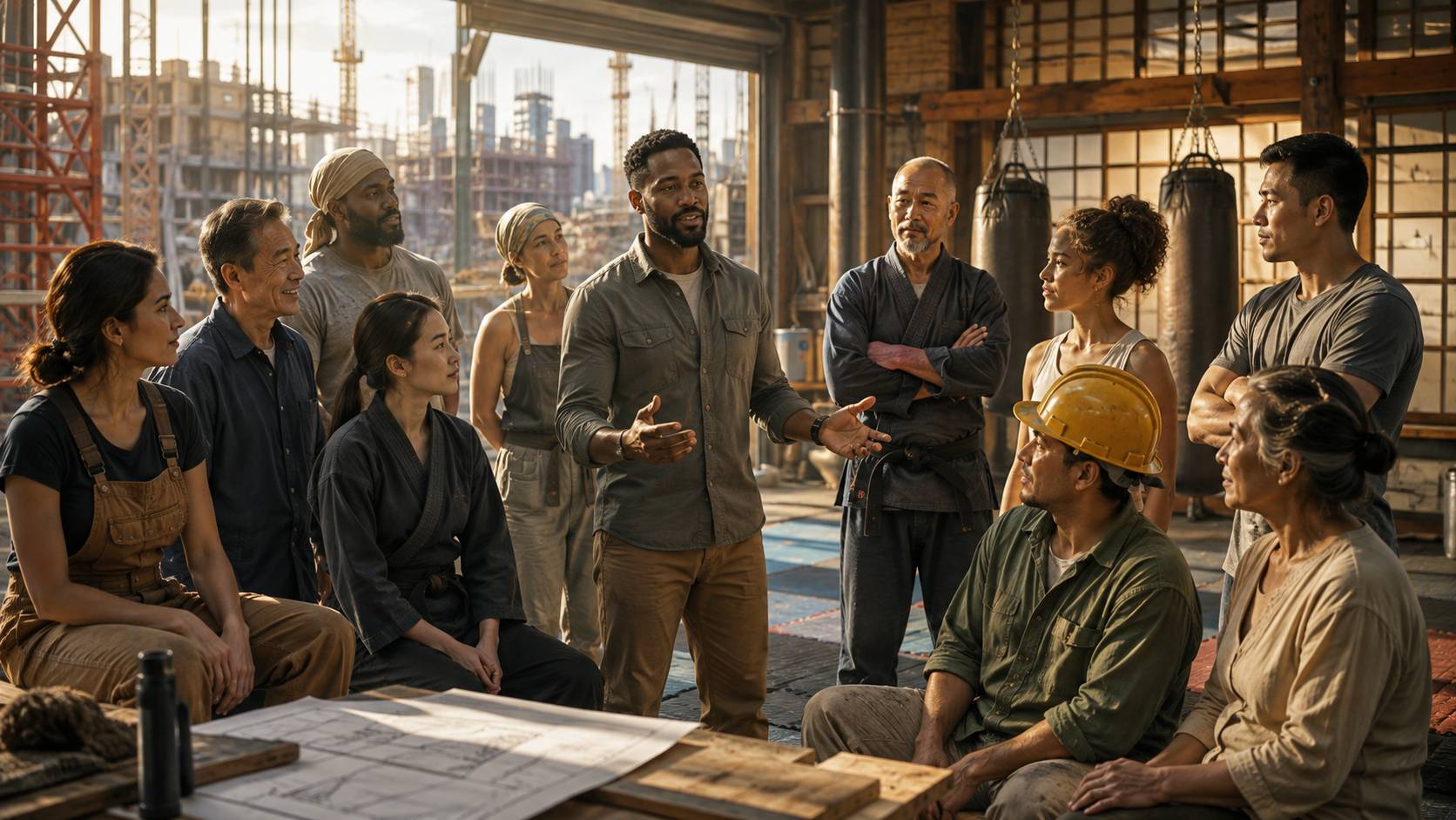 A diverse group of adults from construction and martial arts backgrounds gathered in conversation around a shared workspace.