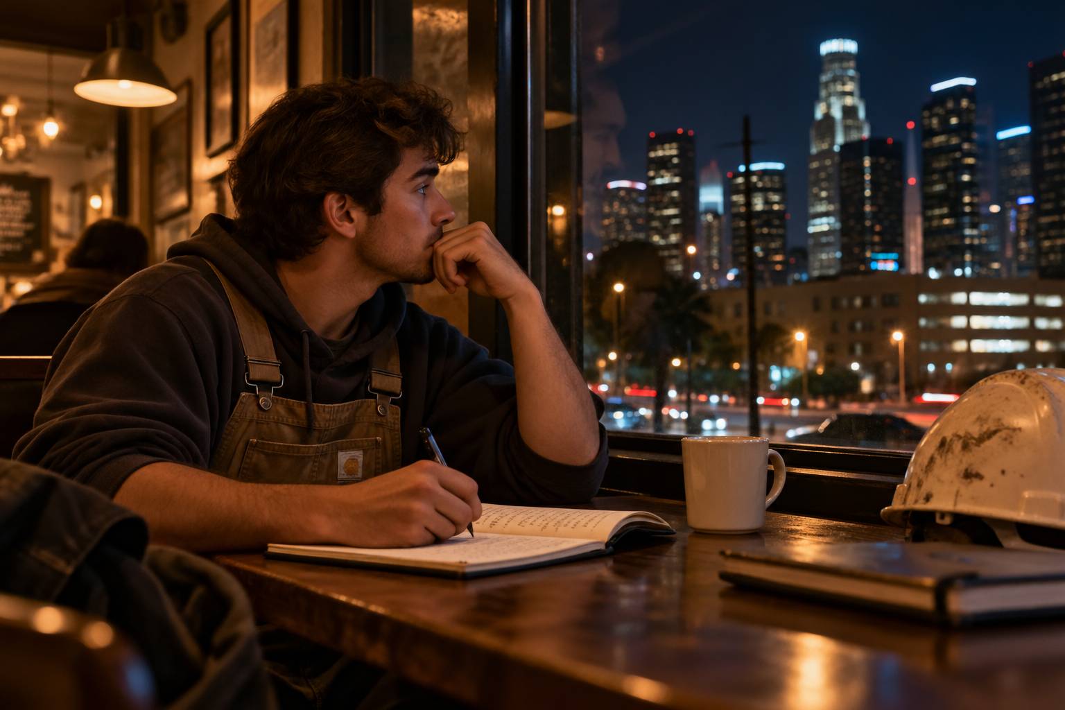 Young apprentice electrician writing in a journal at a café at night while looking out at the Los Angeles skyline.