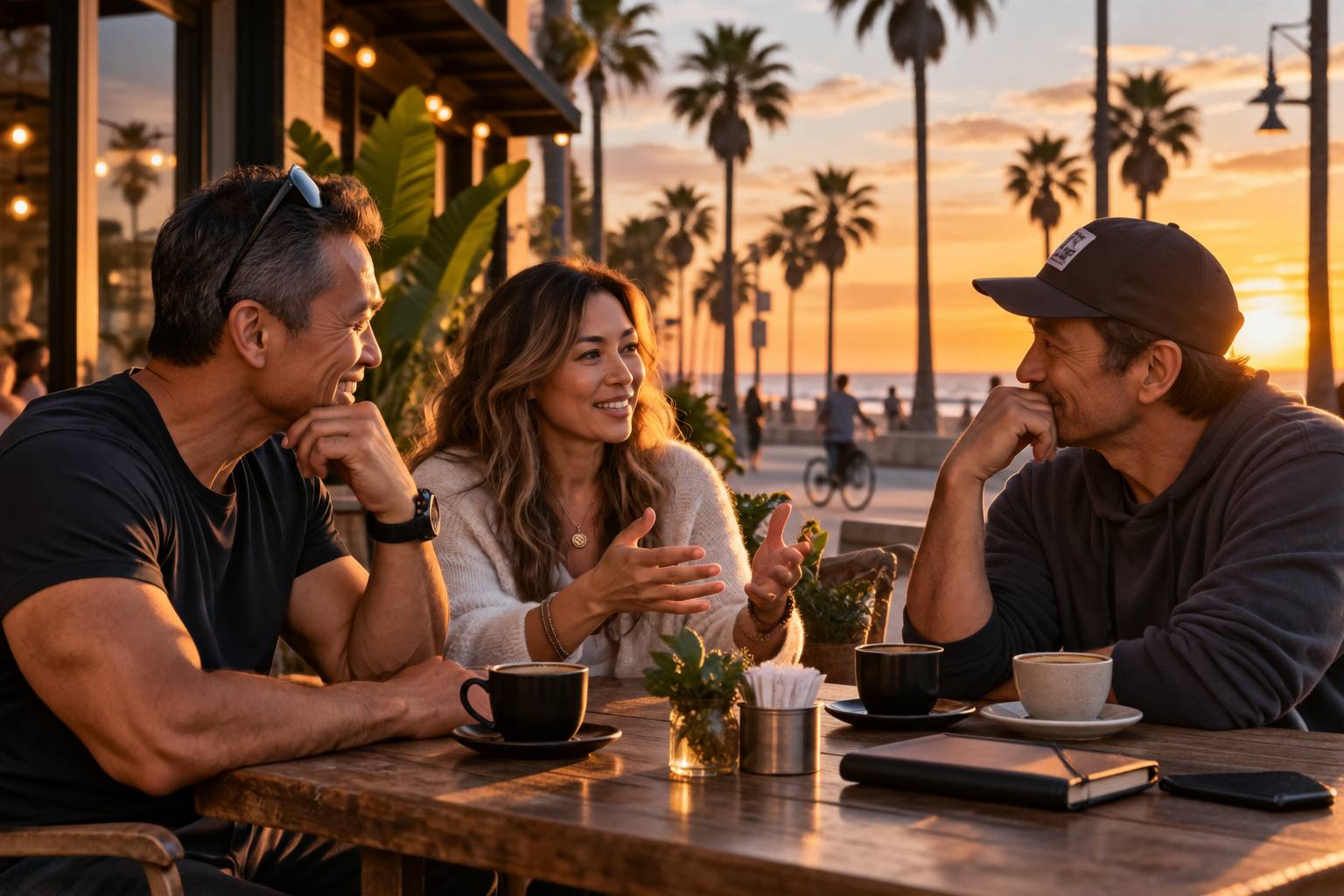Three longtime friends talking over coffee at an outdoor café near the beach at sunset.