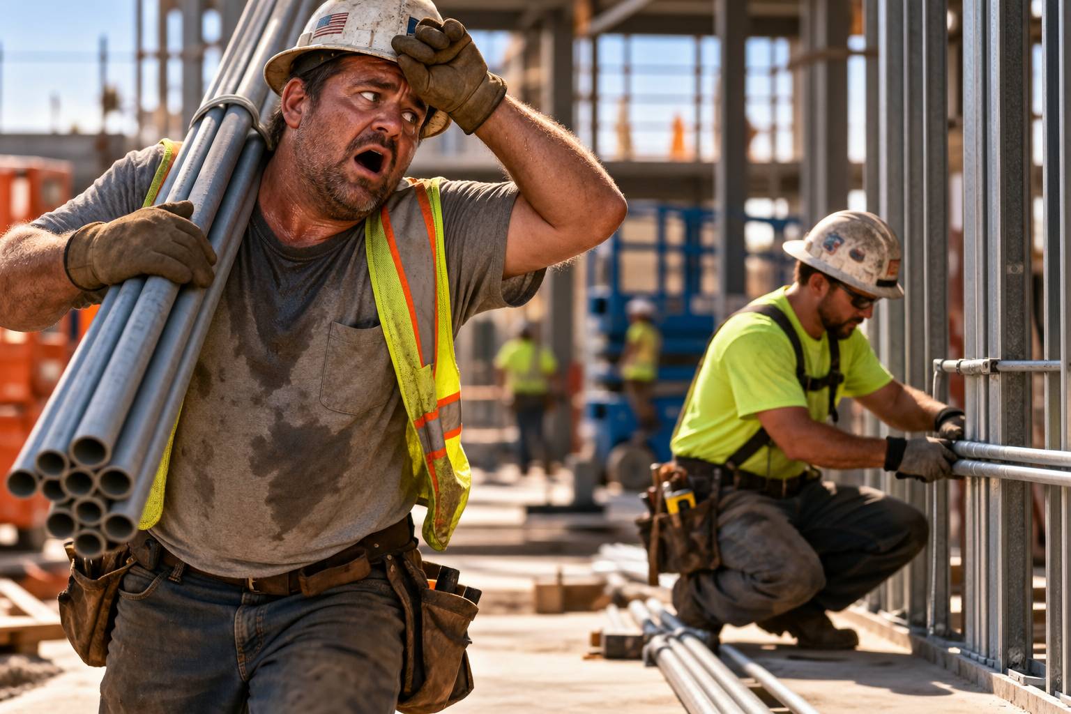 A sweaty construction worker carries conduit while another electrician quietly installs pipe in the background, contrasting visible busyness with real progress.