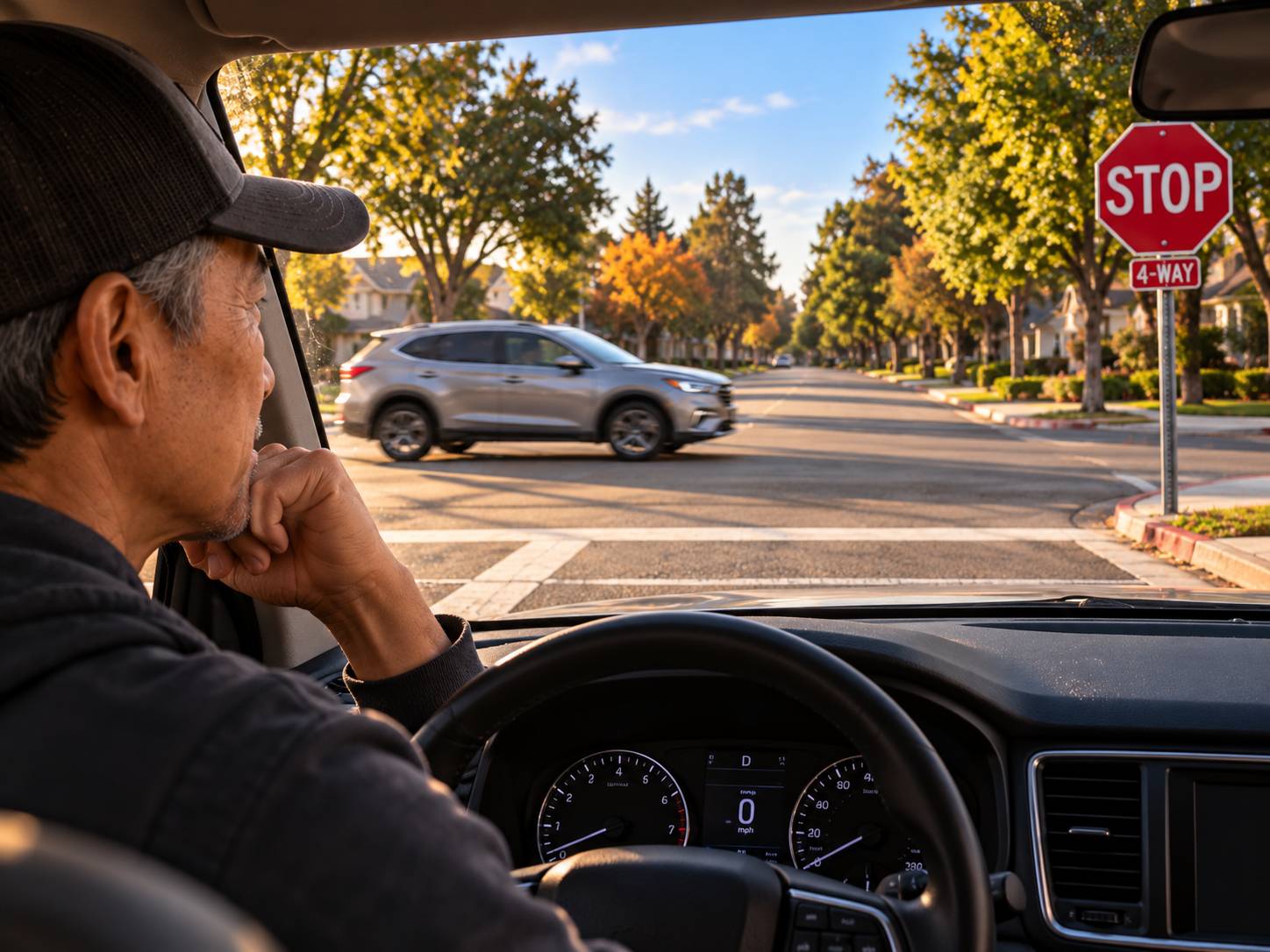 A calm driver waits at a four-way stop as a silver SUV crosses ahead, choosing patience instead of insisting on the right of way.