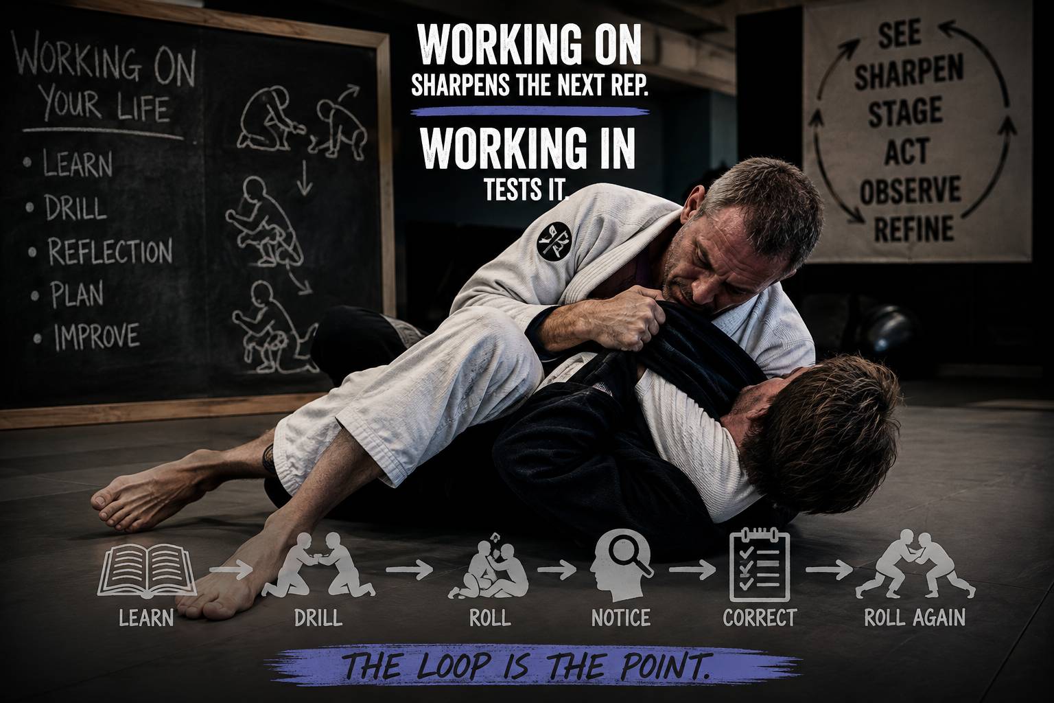 Two Brazilian jiu-jitsu practitioners rolling on the mat beside a training diagram showing the learn, drill, roll, observe, and refine cycle.