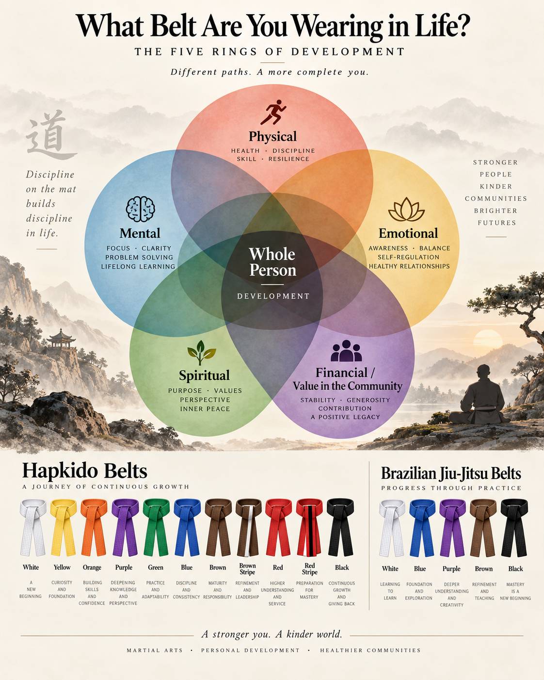 Five-circle Venn diagram showing physical, mental, emotional, spiritual, and financial/value development alongside Hapkido and Brazilian Jiu-Jitsu belt progressions.