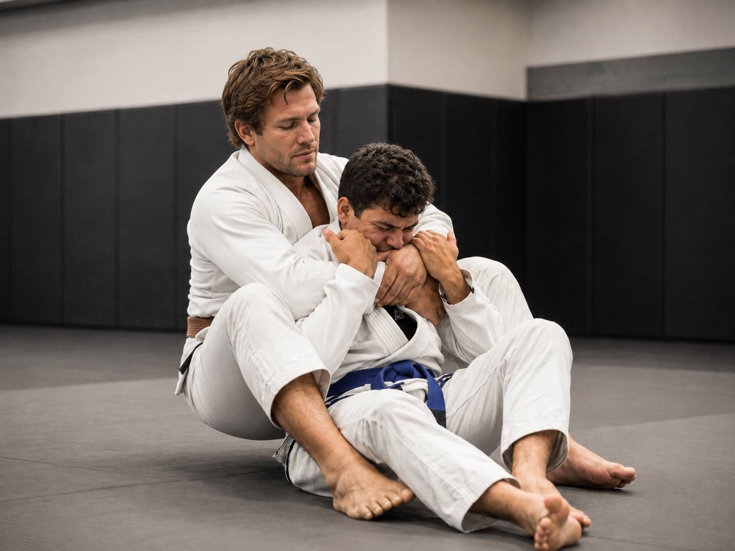 Large brown belt controlling a smaller blue belt from the back during Brazilian Jiu-Jitsu training.