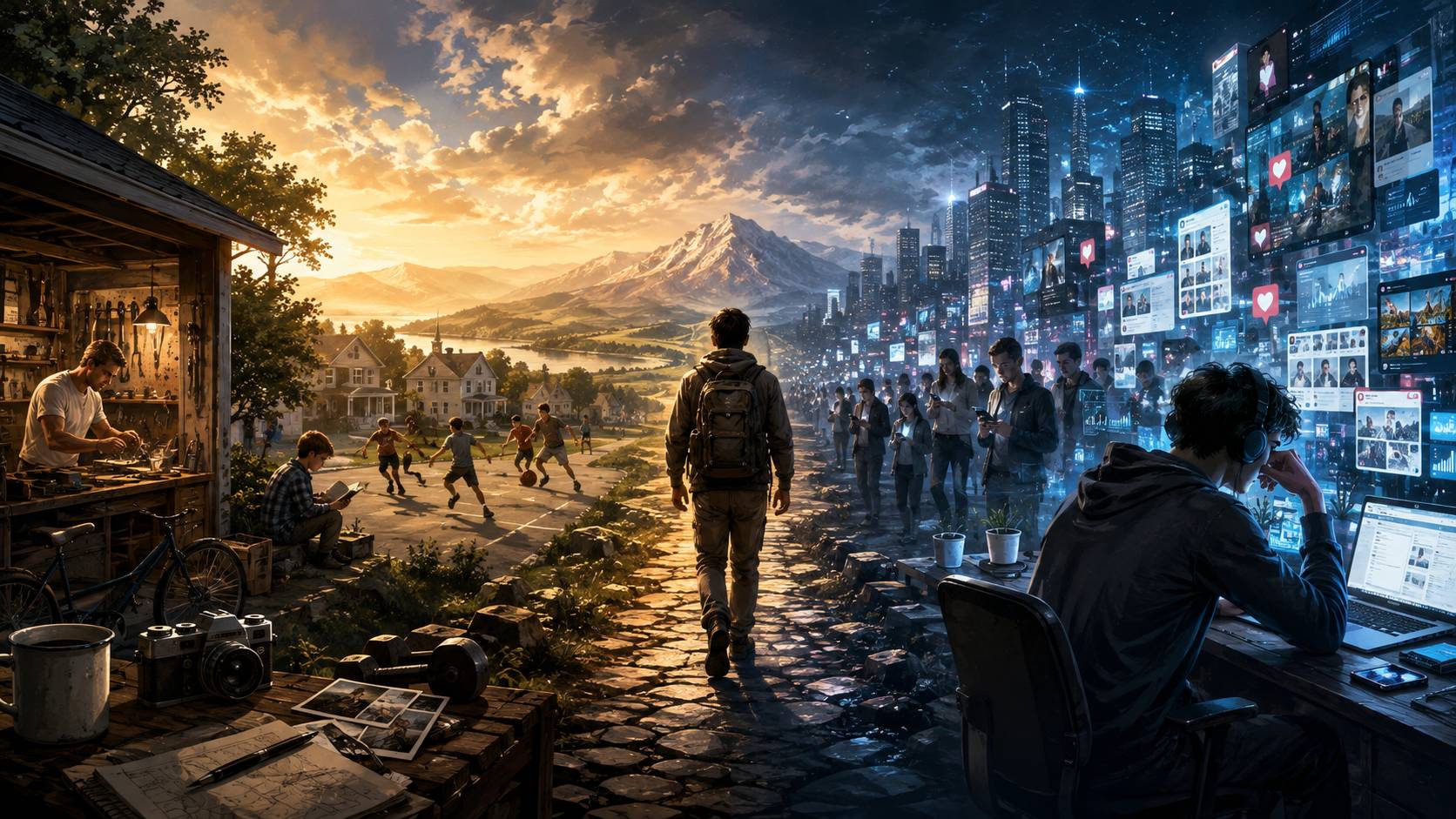 A traveler walking between an analog past of hands-on work and community and a digital future of screens, information, and social comparison, symbolizing how every generation faces a different battlefield.