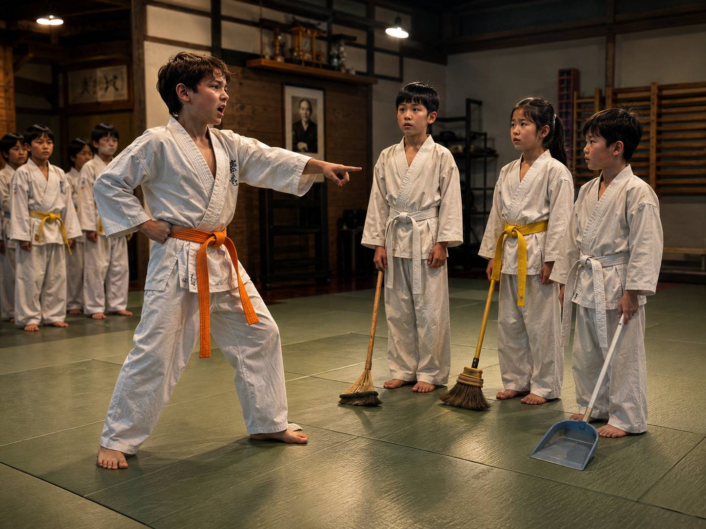 An orange-belt martial arts student points aggressively while white- and yellow-belt students hold brooms and a dustpan on the dojo mat.