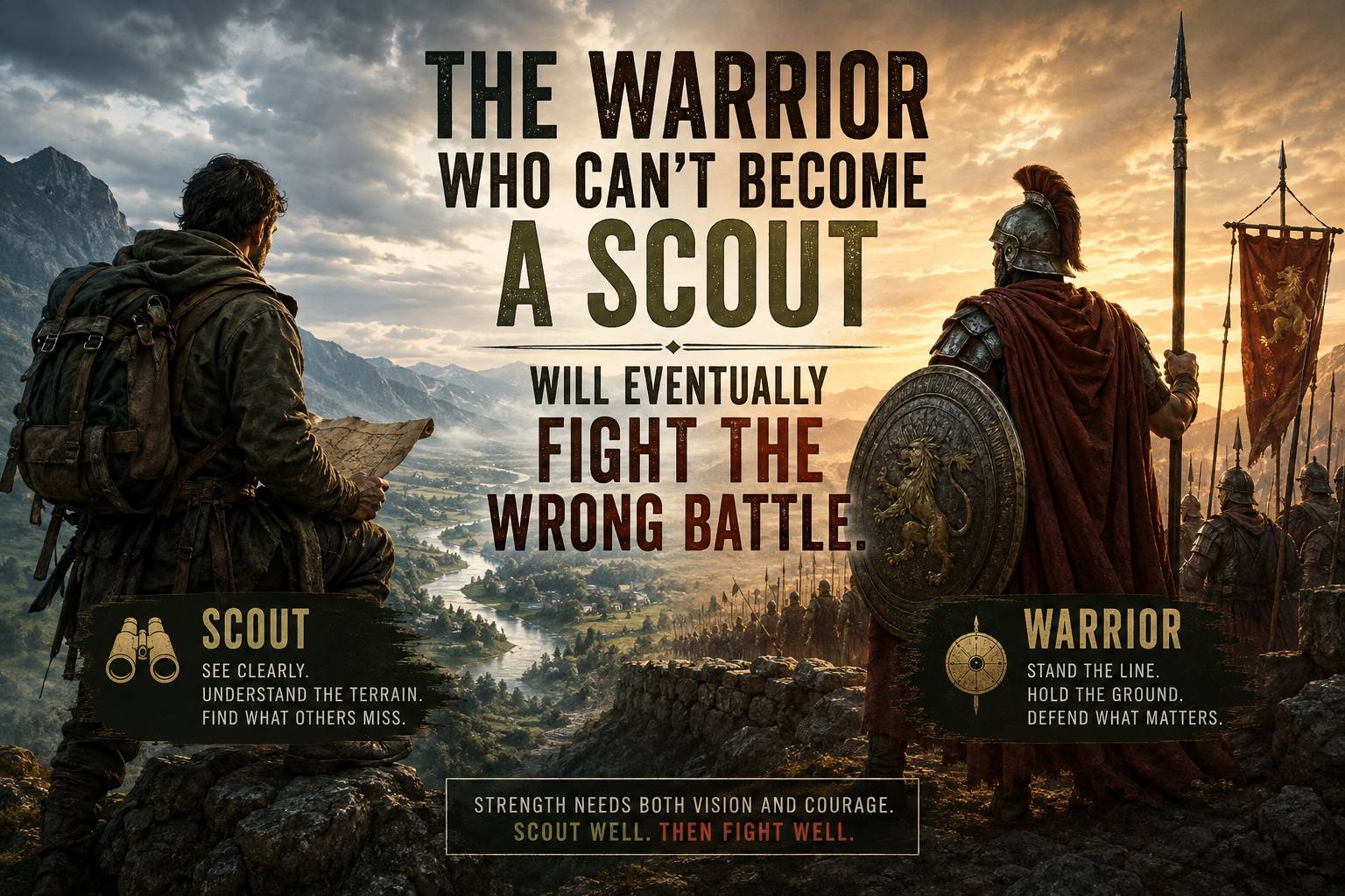 A scout studies a map overlooking a battlefield while a warrior stands ready with shield and spear, symbolizing curiosity, judgment, and action.