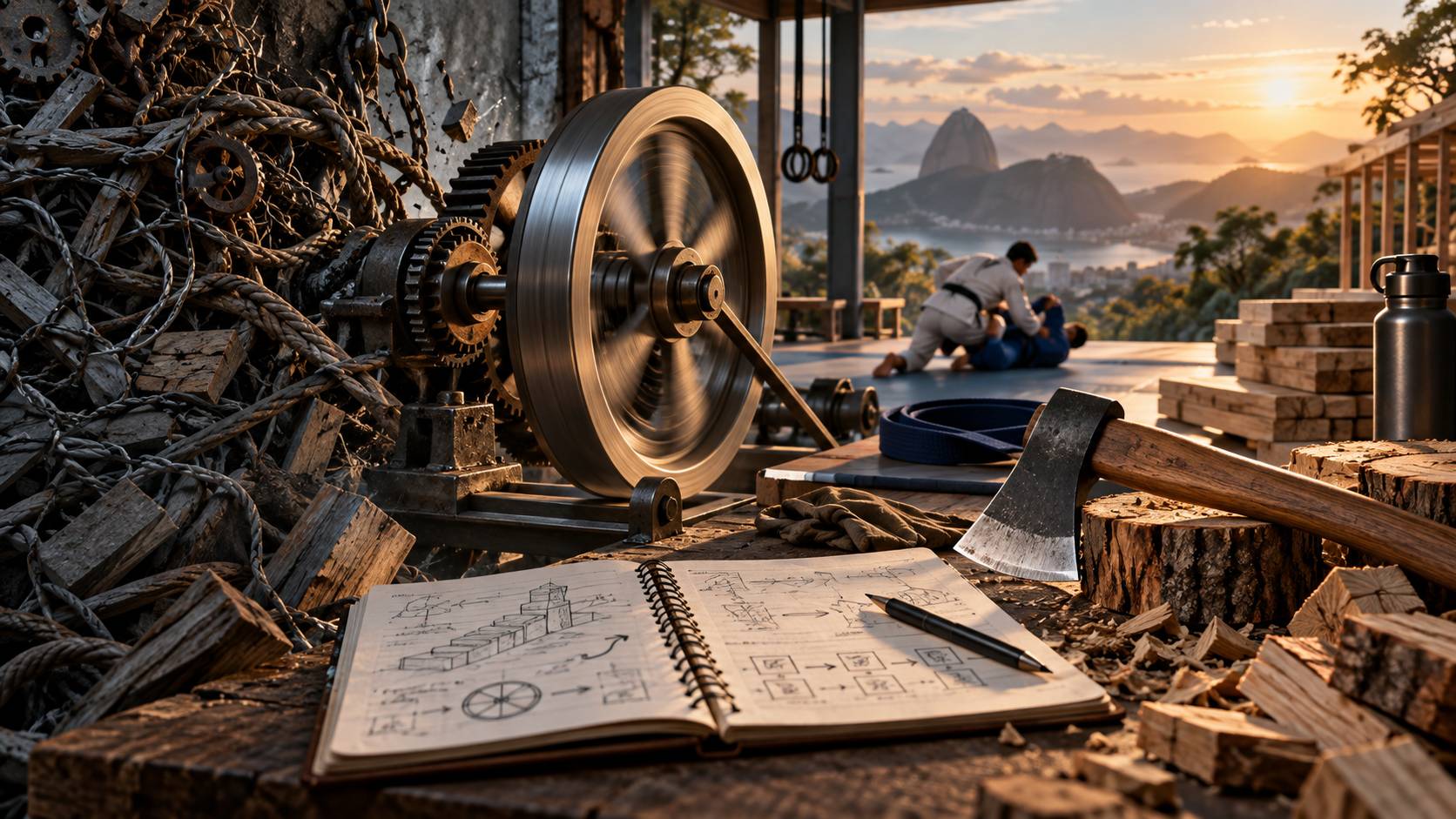 A spinning flywheel beside a sharpened axe, notebook, construction materials, and BJJ training, symbolizing reduced friction and momentum.