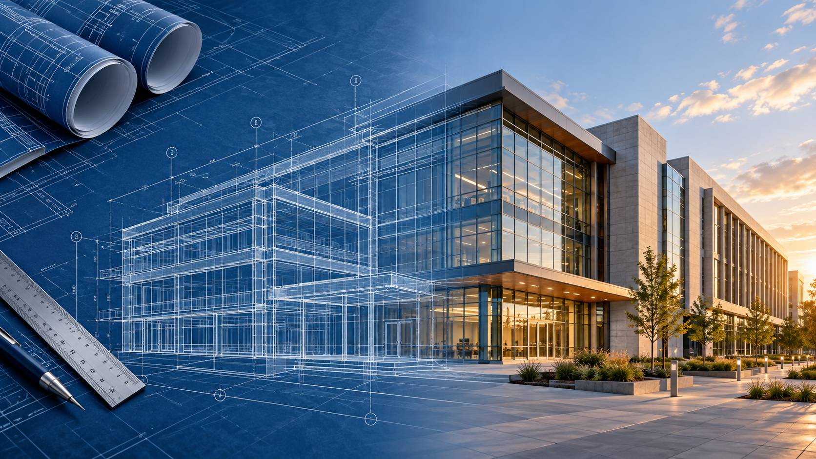 Architectural blueprints transform into a completed multi-story commercial building, illustrating the difference between planning and doing the work.