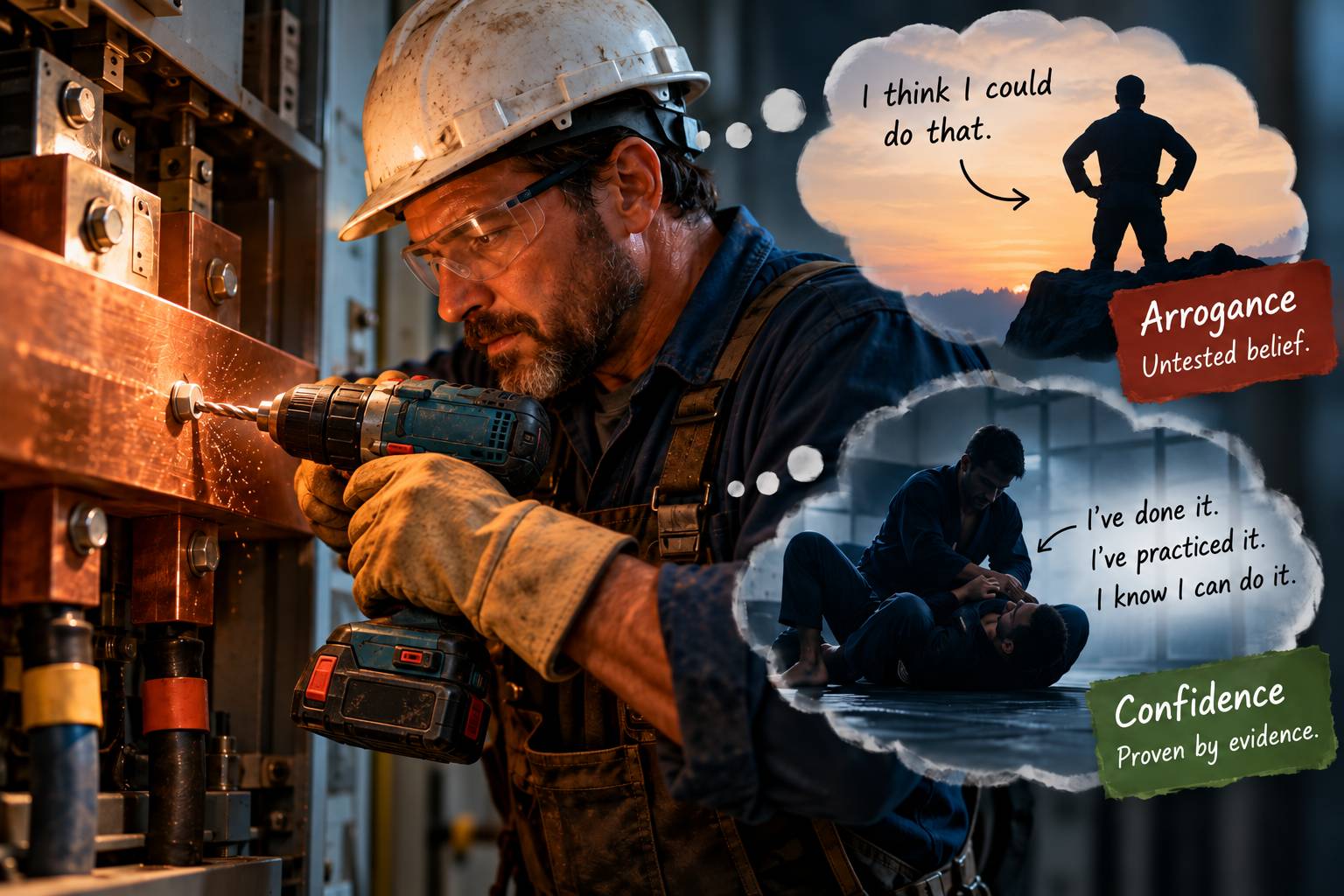 Composite illustration of an electrician using a cordless drill beside scenes contrasting arrogance as untested belief with confidence earned through jiu-jitsu practice.