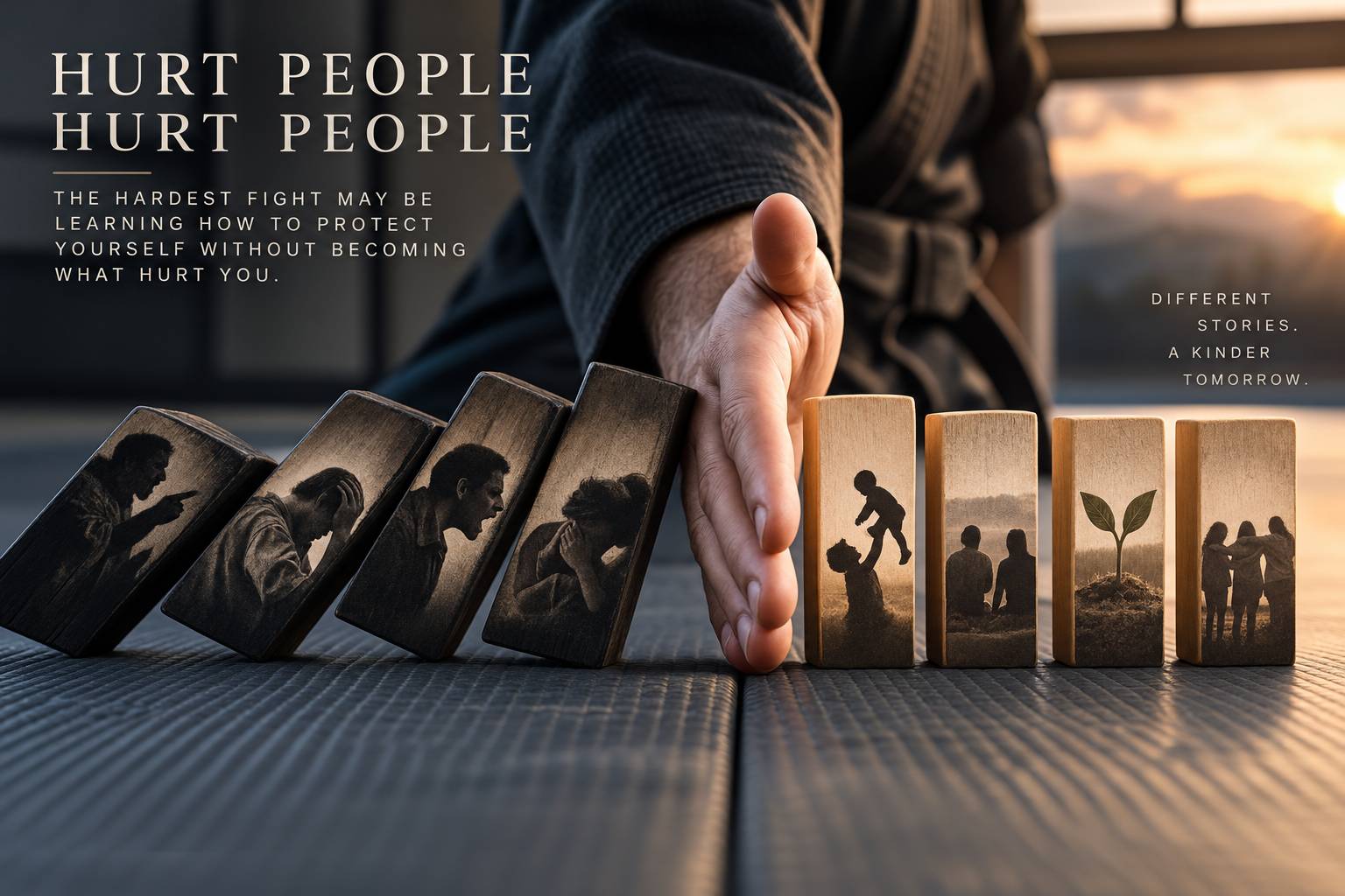 A martial artist’s hand stops a chain of falling dominoes representing hurt and anger before the cycle reaches family, growth, and community.