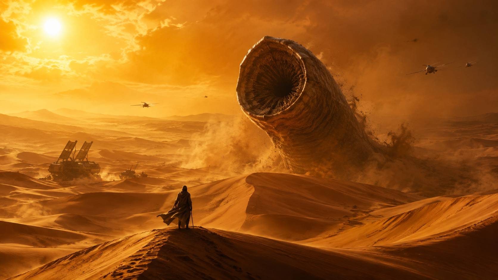 A lone robed figure watches a colossal sandworm emerge from sweeping desert dunes beneath a blazing sun.