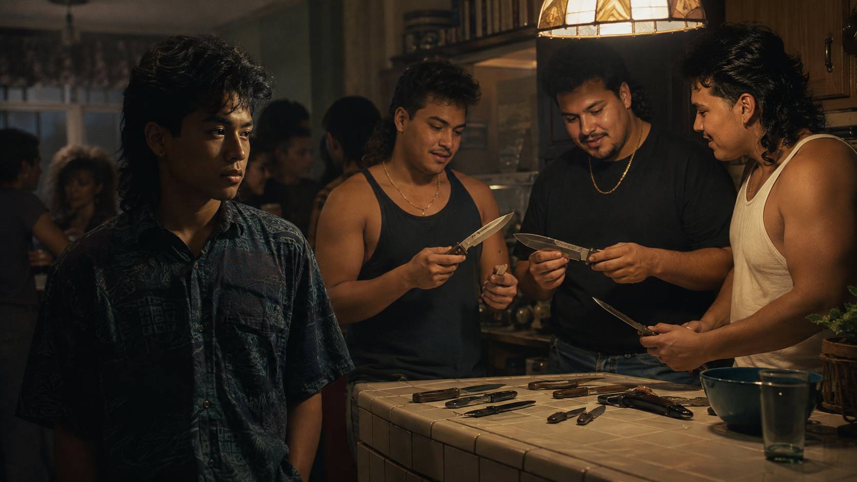 A young man stands apart in a 1980s house-party kitchen while several larger men casually compare the knives they carry.