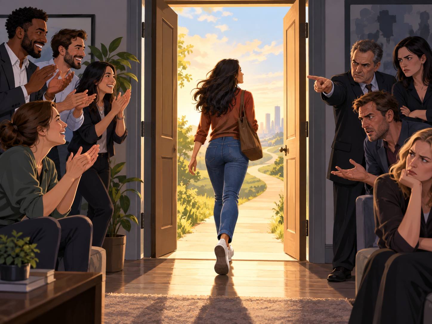 A woman walks through an open door while one group applauds and another group complains behind her.