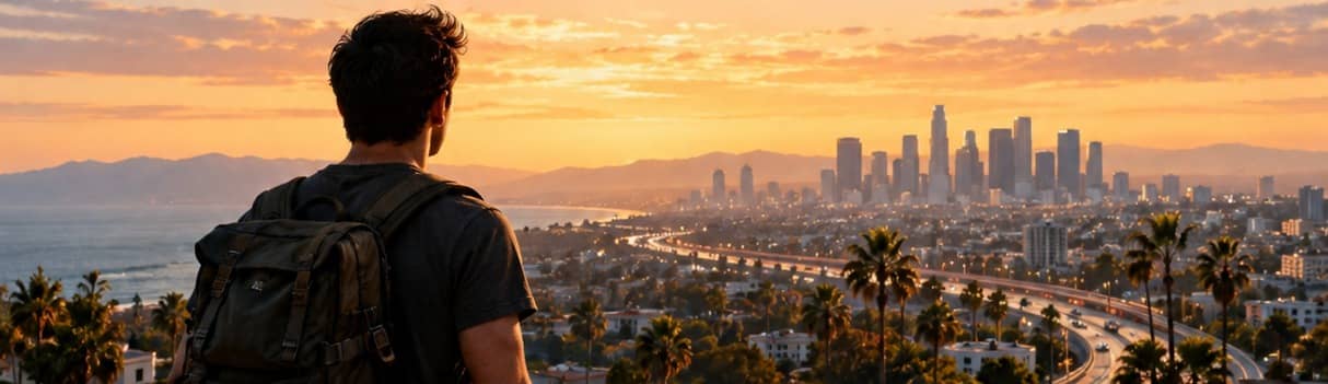 A traveler with a backpack overlooks the Los Angeles skyline at sunset.