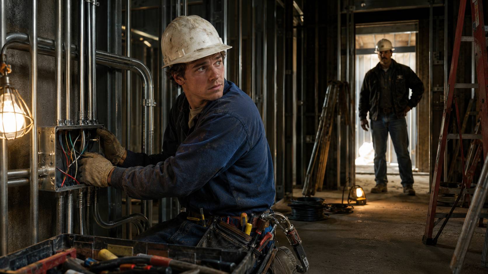 A young electrician working on a commercial construction site as a general foreman watches from the background, illustrating character when the boss is watching.